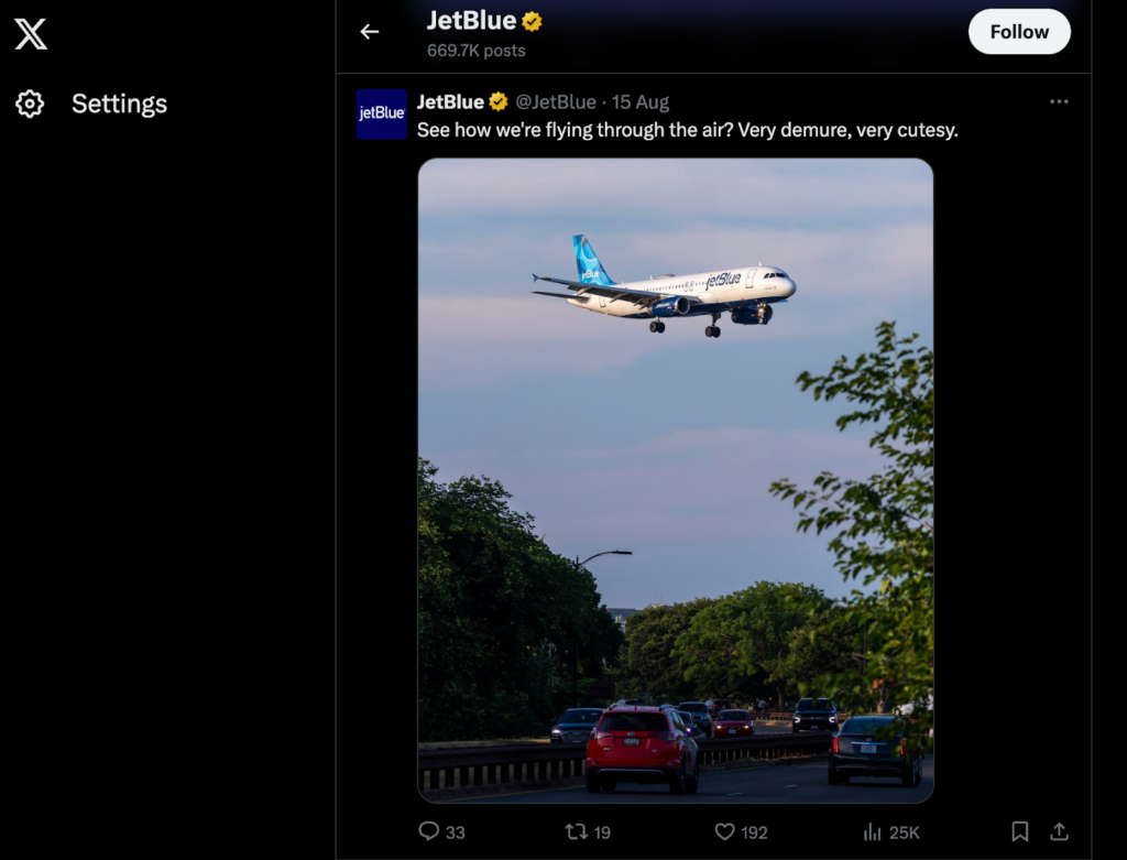 Screenshot of one of JetBlue's social media posts referencing a recently viral phrase.