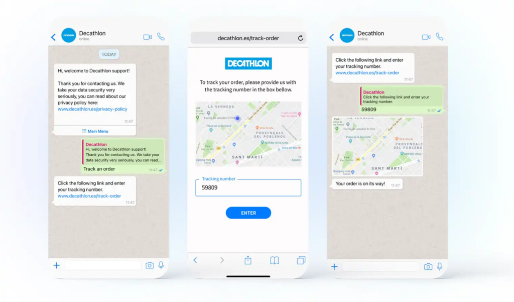 Image showing three mobile screenshots of Decathlon's live chat capabilities through WhatsApp for tracking orders