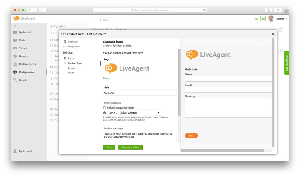 Image showing LiveAgent's "Edit chat button - Window button 59" window on the Contact form tab displaying the fields to fill in, the customization capabilities, and the preview on the right side