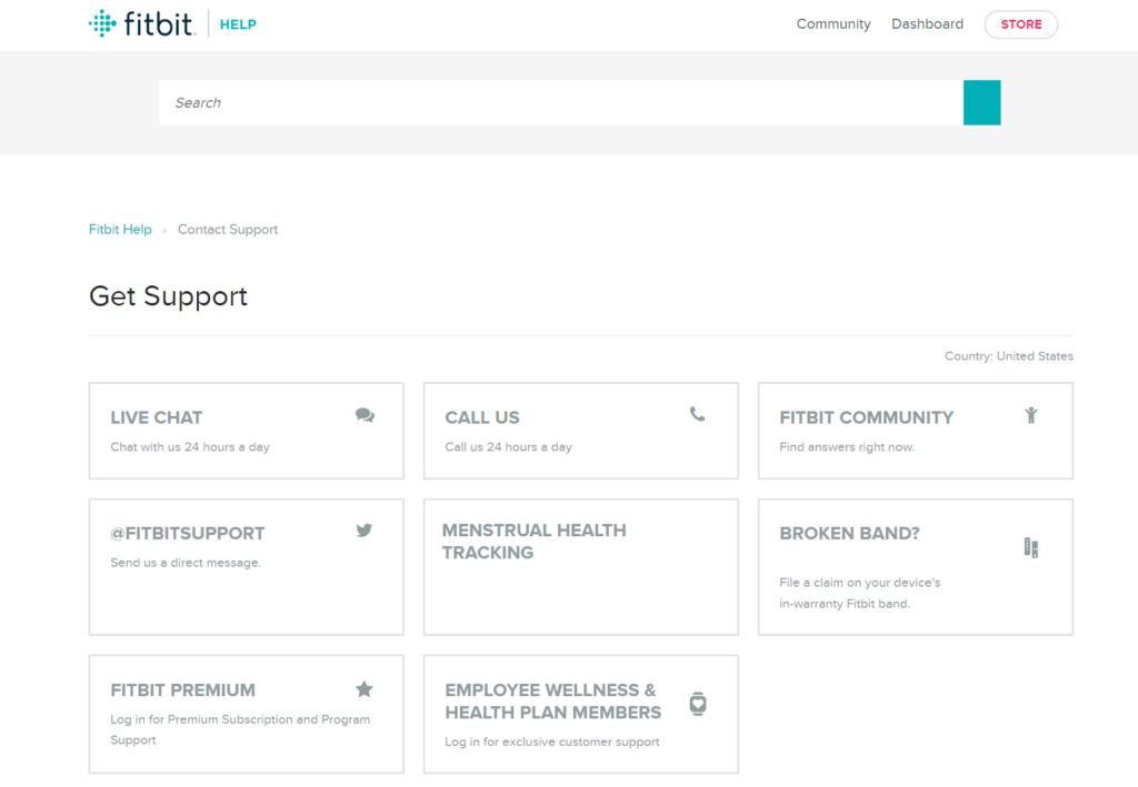 Image of Fitbit's "Get Support" page displaying a grid view of all the ways customers could receive support, the first button being for live chat