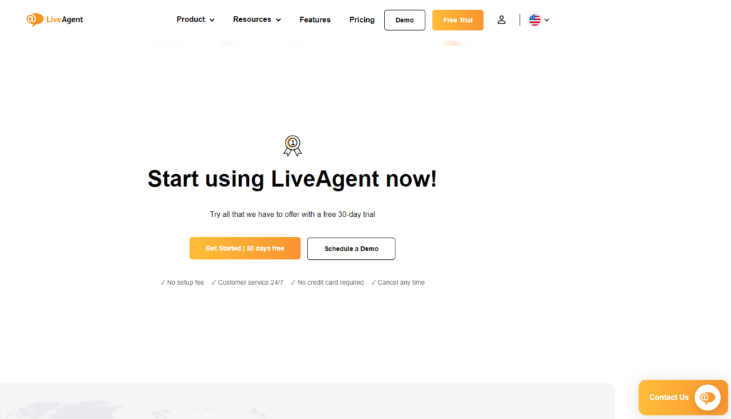 Image showing a CTA for LiveAgent's 30-day free trial and live chat button