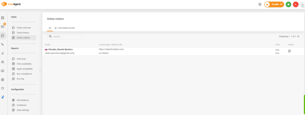 Screenshot of website visitor tracking in LiveAgent