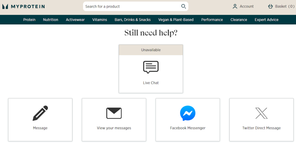 Image showing MyProtein's support page with buttons offering communication channels, the first one being live chat