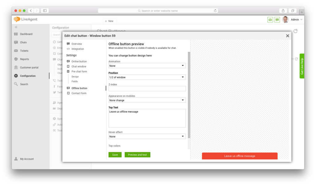 Image showing LiveAgent's "Edit chat button - Window button 59" window on the Offline button preview tab, displaying the fields to fill in and the customization capabilities