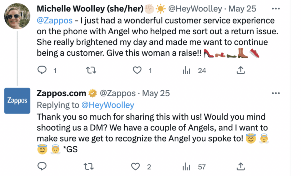 Captura de pantalla de la comunicación de Twitter entre Zappos y su cliente