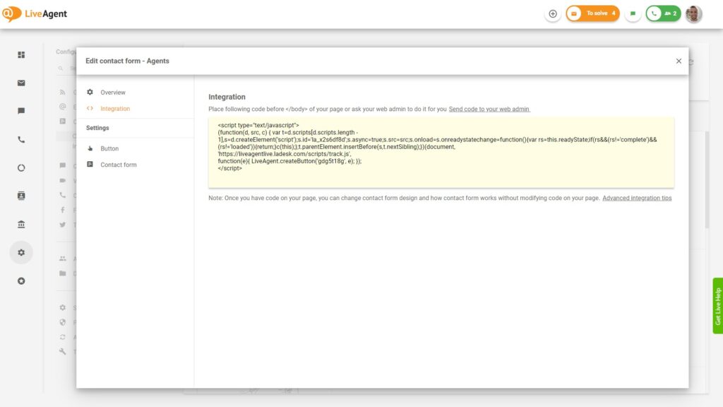 LiveAgent Contact form integration in settings with code