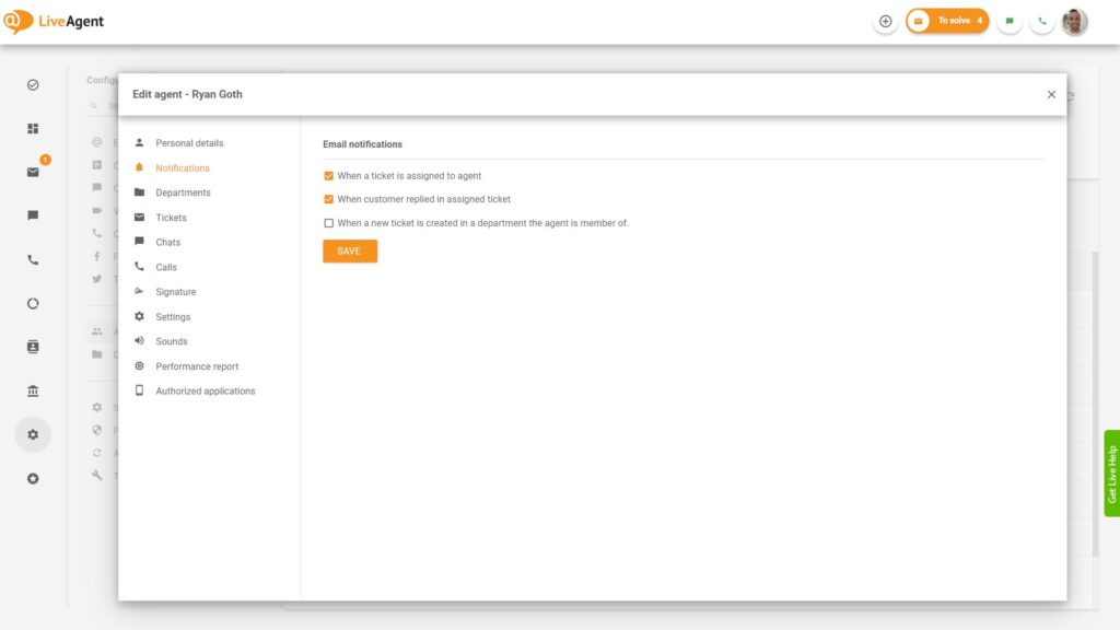 LiveAgent Email notifications settings