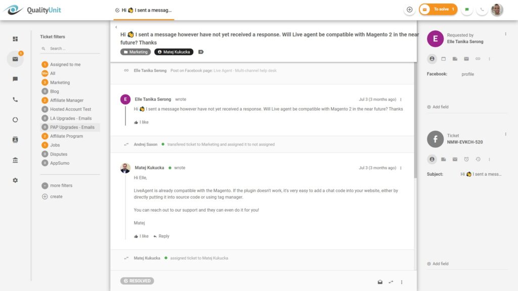 LiveAgent - Facebook ticket inside
