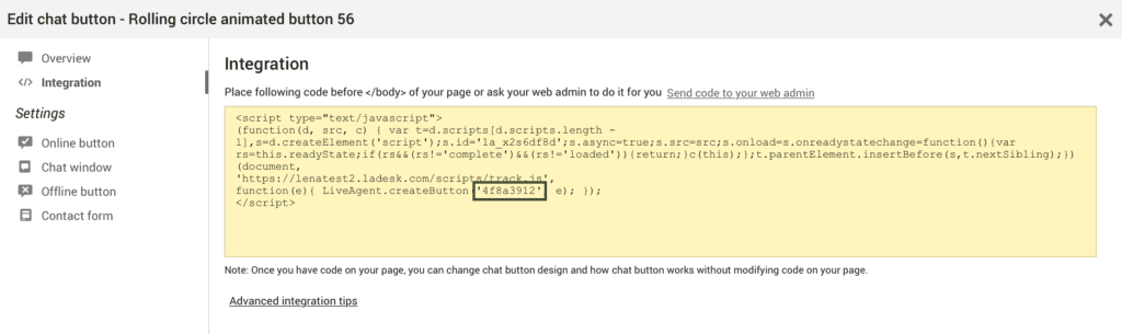 Image showing LiveAgent's "Edit chat button - Window button 59" integration window displaying the code to be copied onto a website