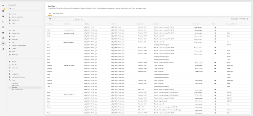 LiveAgent’s audit log feature, displaying agents’ and tickets’ details with timestamps