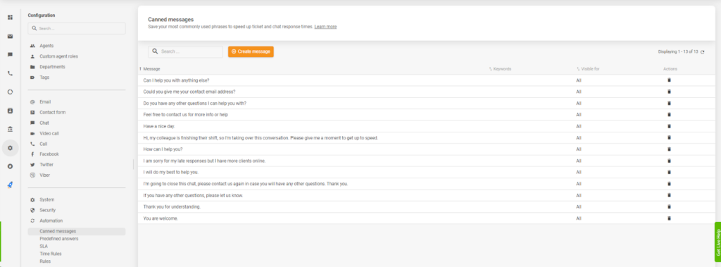 Canned responses under Automations in LiveAgent agent UI