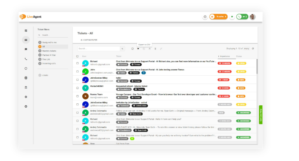 Funcția Inbox universală a LiveAgent, combinând toate solicitările clienților într-o singură căsuță de e-mail convenabilă