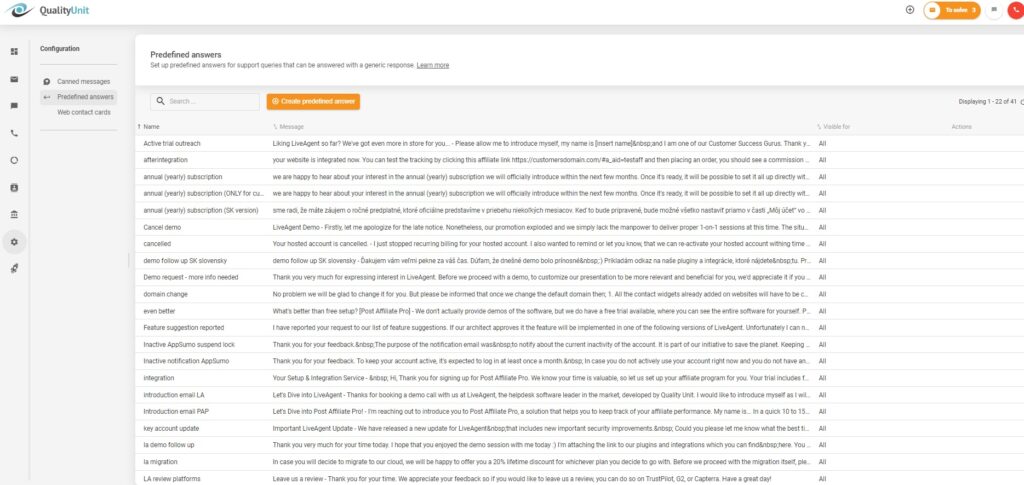 Predefined answers in LiveAgent’s agent UI