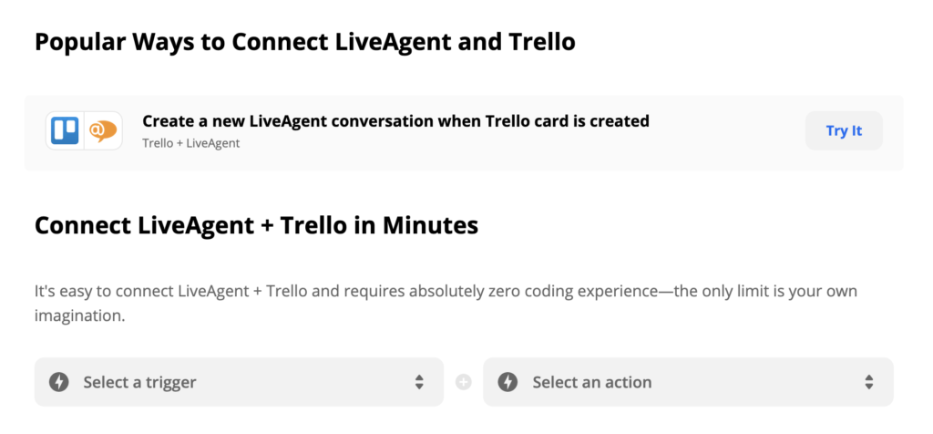 LiveAgenti ja Trello integratsioon Zapieris koos Käivitaja ja Toimingu valikuga