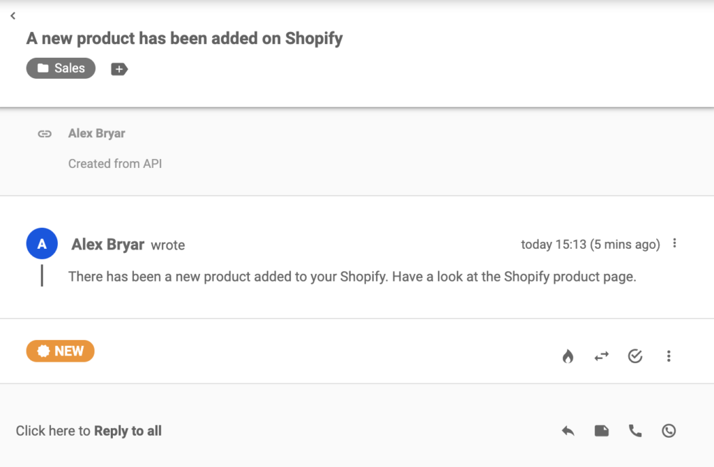 Új jegy, amelyet a Shopify küldött el egy termék létrehozása után