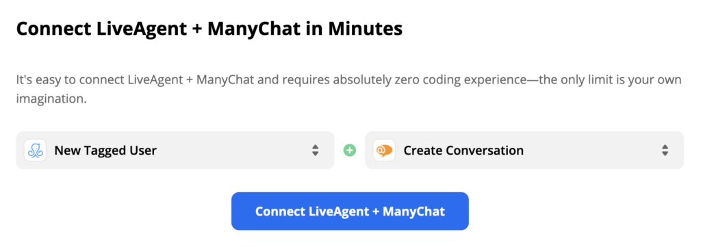 Selected ManyChat trigger and LiveAgent action on Zapier page