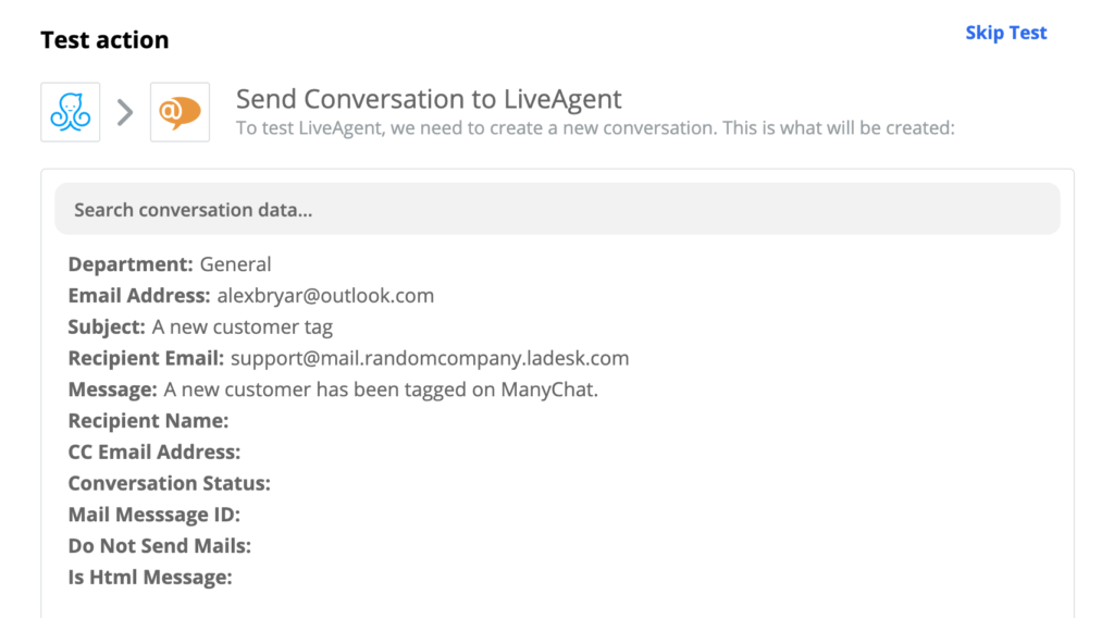 Successful test of a ManyChat and LiveAgent integration