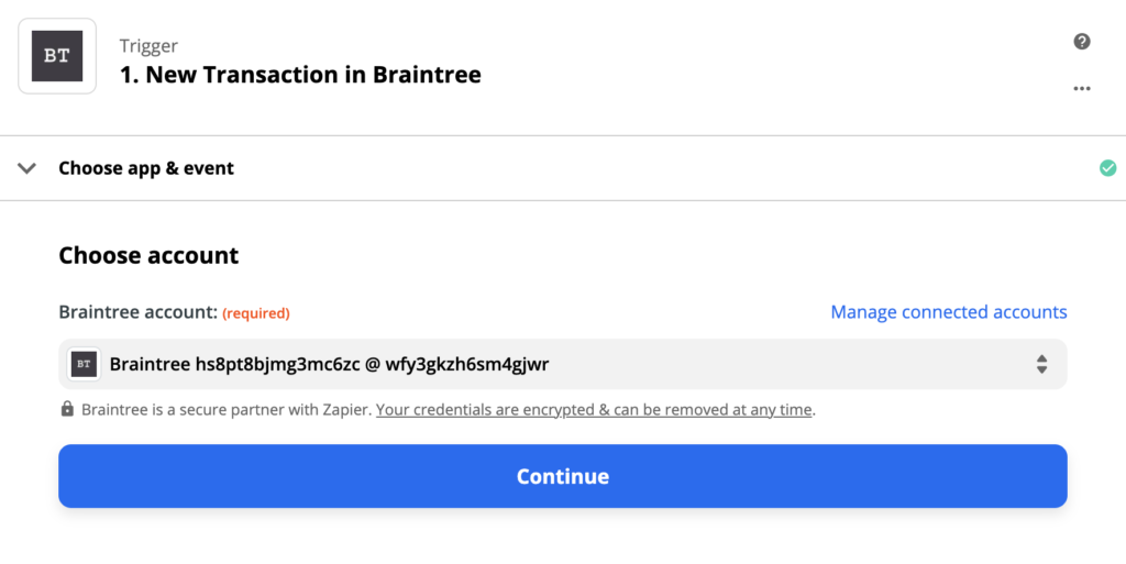 Braintree trigger configuration sa Zapier