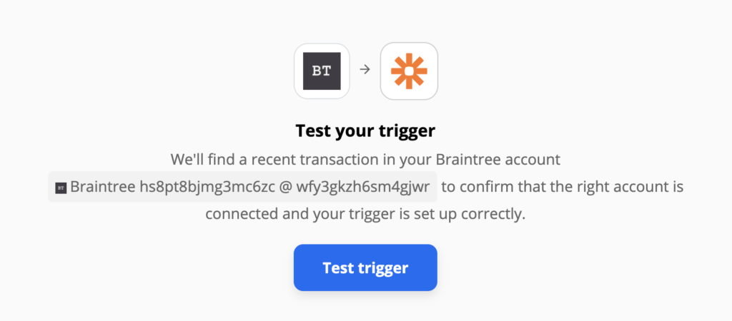Braintree trigger test sa Zapier