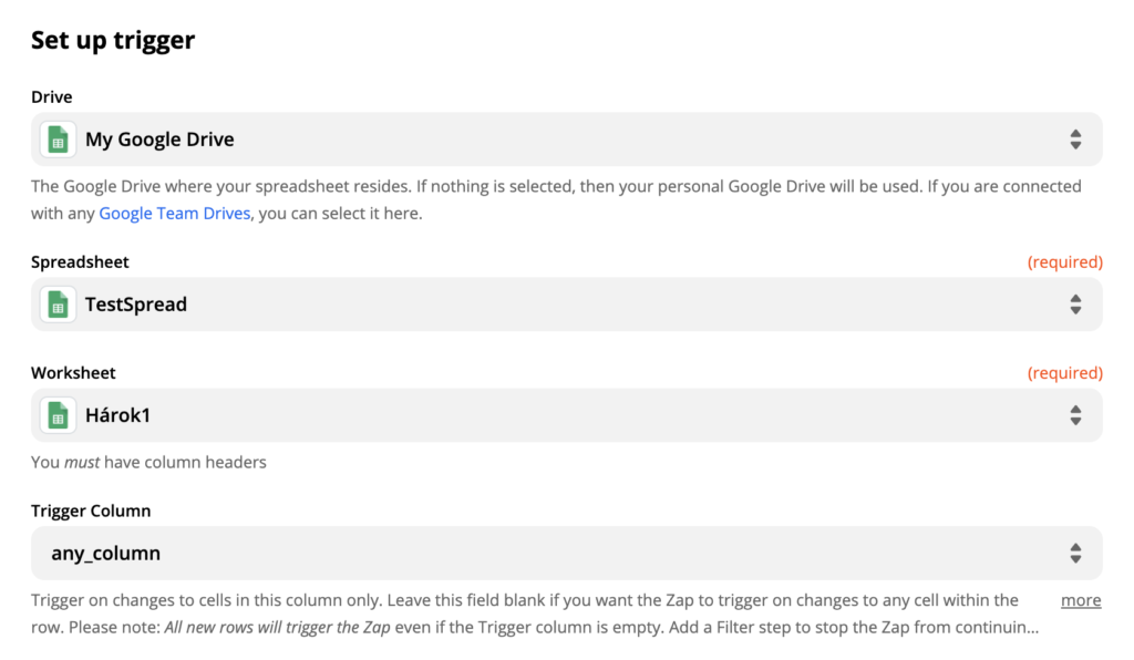 Google Sheetsi käivitaja seadistamise valikud ja väljad