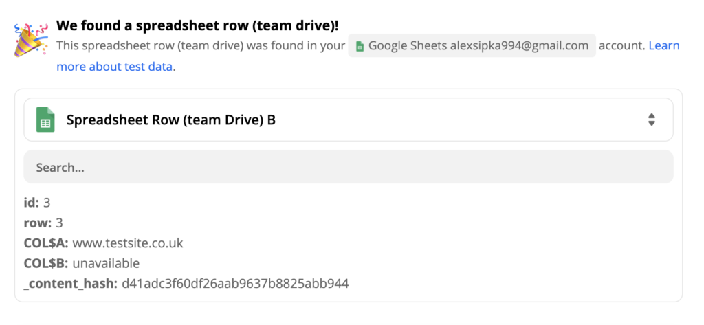 Un test de succes al unui declanșator Google Sheets