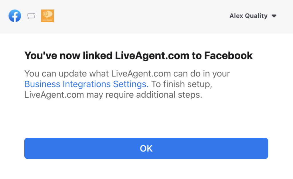 Hüpikaken, mis kinnitab Facebooki ja LiveAgenti edukat integreerimist
