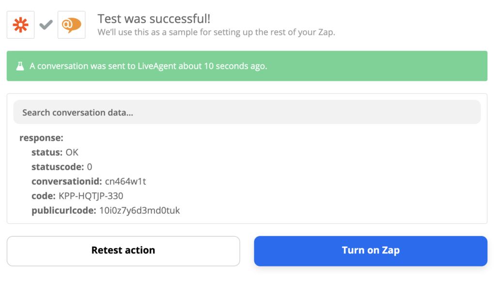 A successful test of a Xero and LiveAgent integration on Zapier