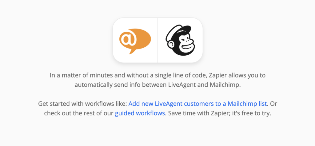 صفحة تكامل LiveAgent+Mailchimp على Zapier.