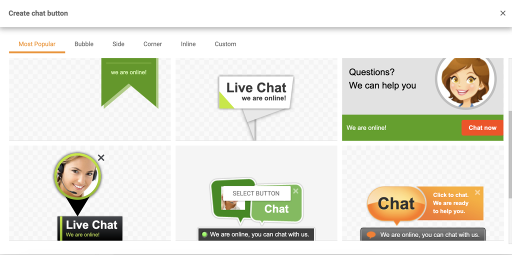 Image showing the "Create chat button" window on LiveAgent, displaying different chat buttons in grid view