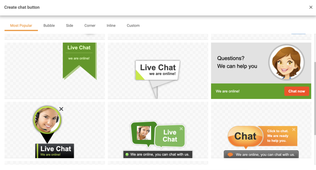 Galería de botones de chat en las opciones de botón Crear chat