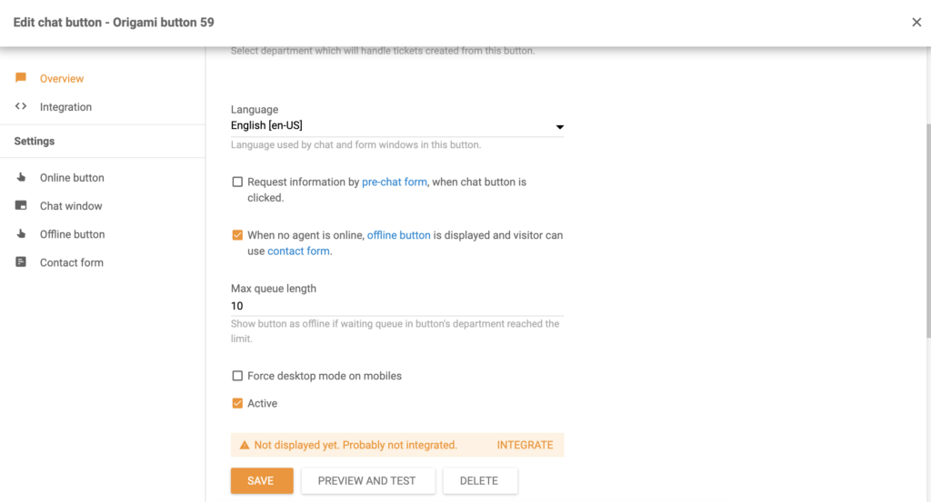 Editar botón y configurar opciones en el proceso de creación del botón LiveAgent