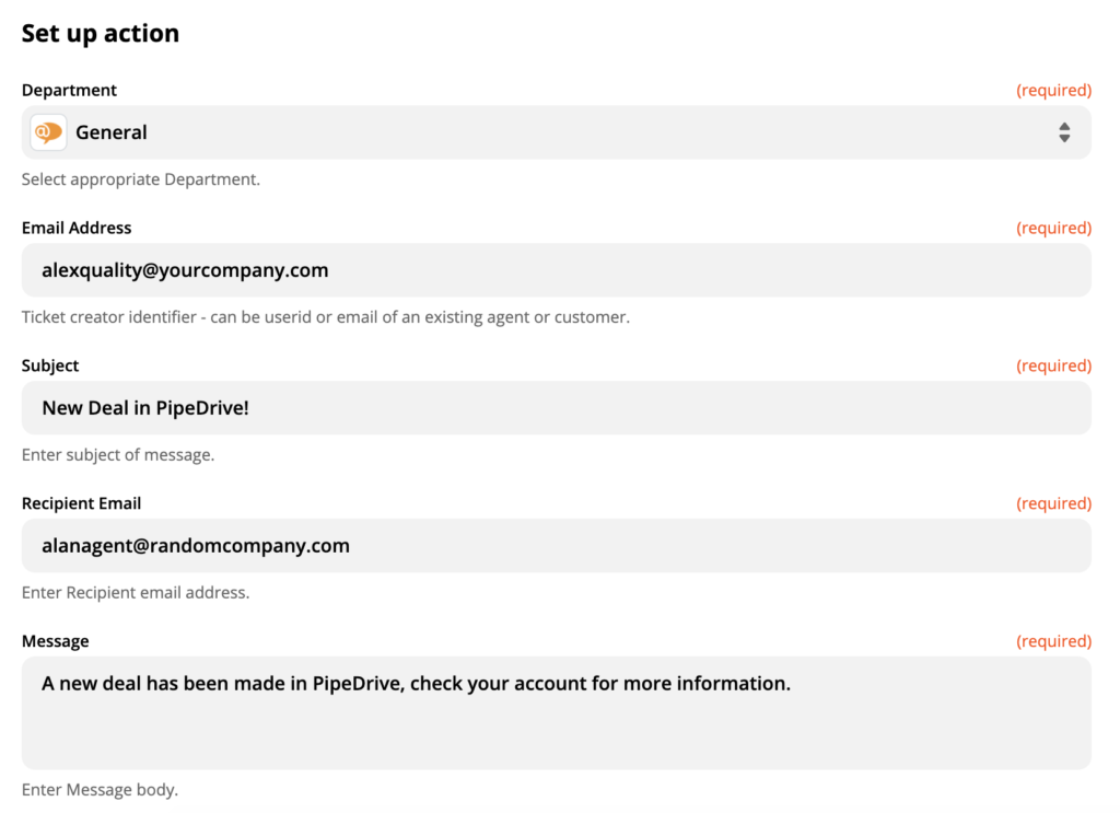 LiveAgent action setup in integration process with PipeDrive on Zapier