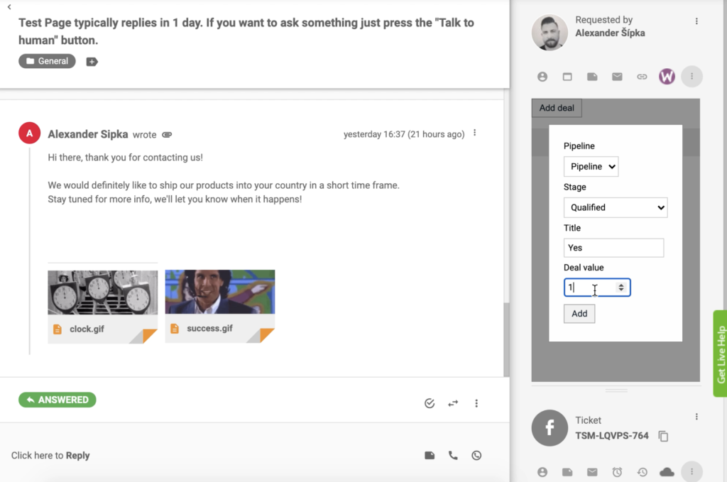 Add a deal with PipeDrive CRM integration in LiveAgent ticket view