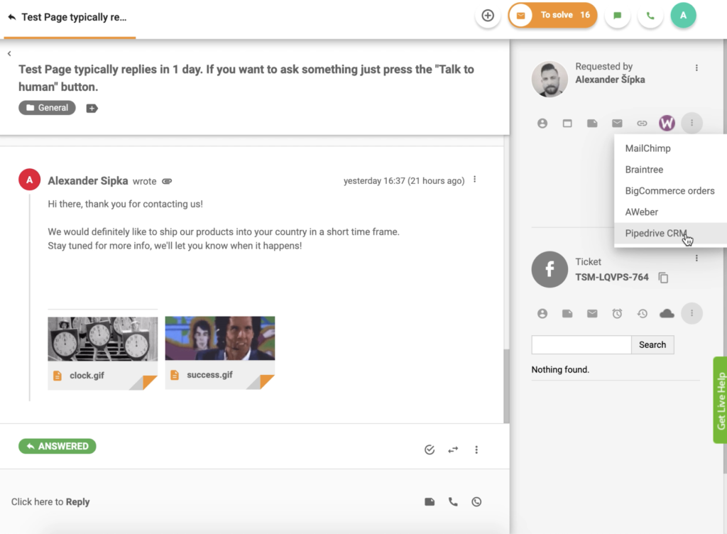 PipeDrive CRM is active in LiveAgent ticket view