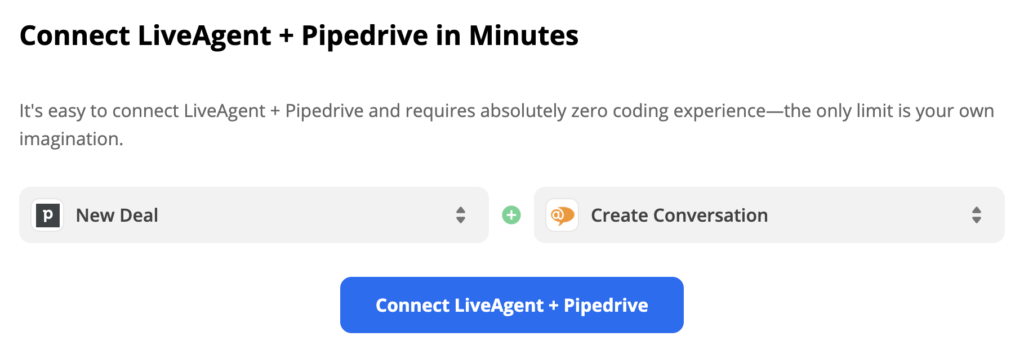 PipeDrive trigger and LiveAgent action selected on Zapier