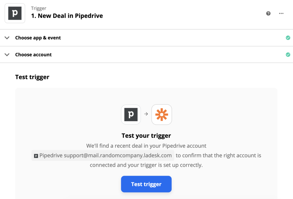 PipeDrive trigger test after setup of the trigger on Zapier