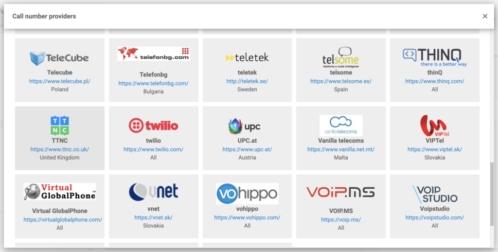 TTNC in der Liste der VoIP-Anbieter in der LiveAgent-Konfiguration