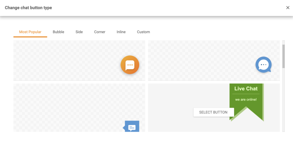 Chat button gallery in LiveAgent with designs and custom option