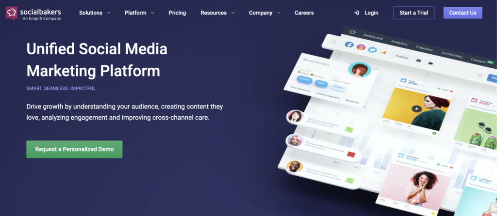 Socialbakers homepage with trial option and underpages