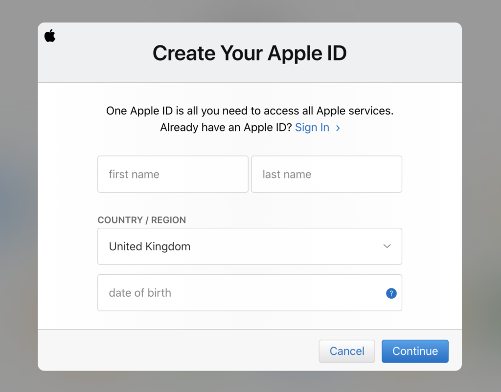 Registratieformulier iCloud-account 