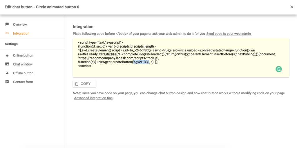 LiveAgent live chat button settings na may integration code at highlighted ID ng chat button
