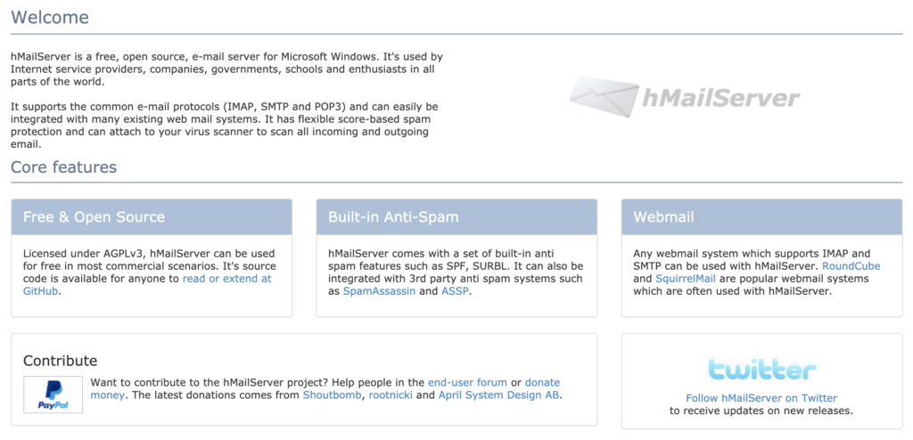 Página inicial do hMailServer com recursos principais