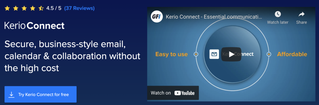 Kerio Connect-startpagina met gratis proefoptie 