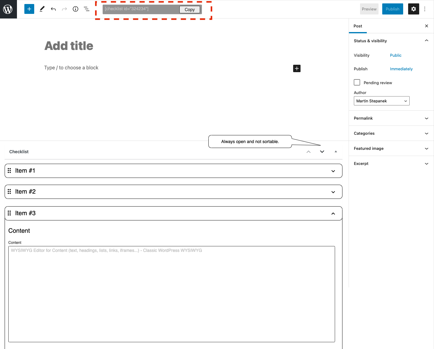 WP checklist plugin - copy a shortcode