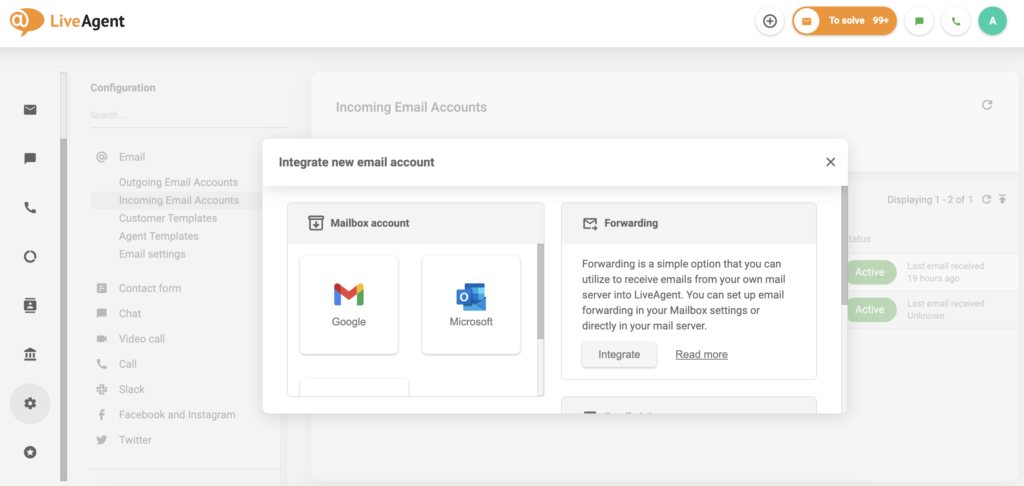 LiveAgent integrează noi conturi de e-mail