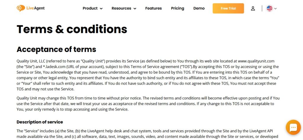 Terms and conditions on Live Agent page