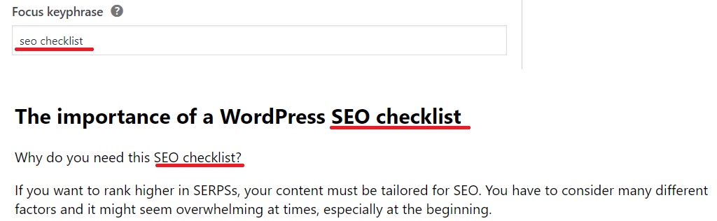 SEO checklist - keyword in intro example