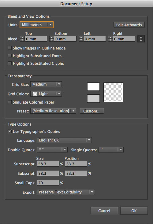 Example of document setup in Illustrator