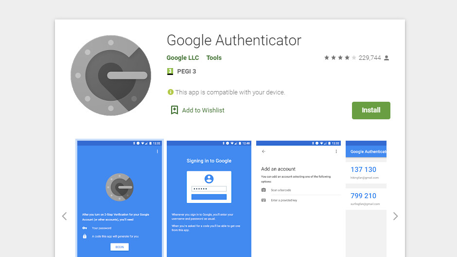 Google authenticator app on Google play store