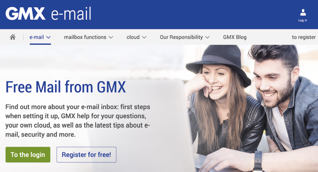 Página de inicio de GMX con registro e inicio de sesión